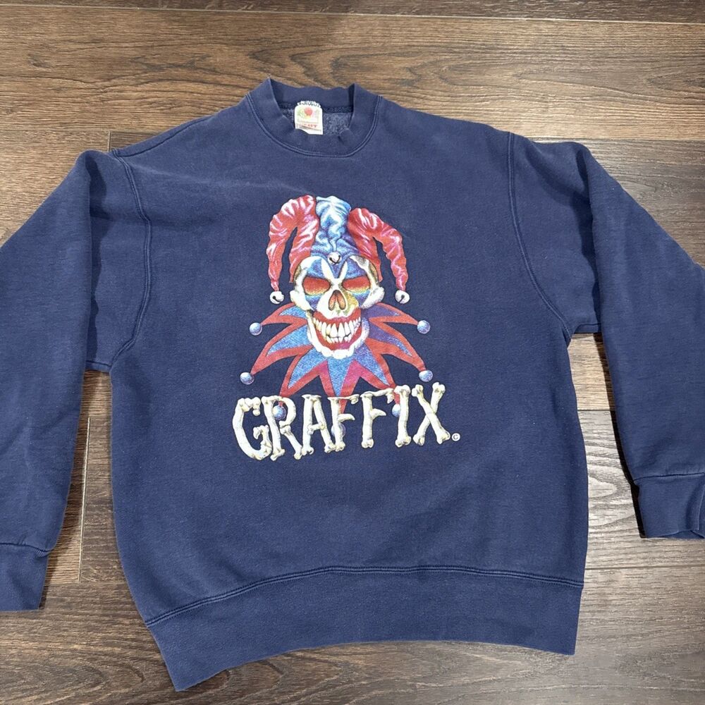 Vintage 90s Graffix Bong Jester Clown Skull Crew Sweatshirt USA Made Rare Sz L - Picture 1 of 8